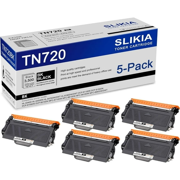 5-Pack Black TN720 Toner Cartridge: Compatible TN720 TN-720 Replacement for Brother HL-5440D 5450DN 5470DW/DWT 6180DW/DWT DCP-8110DN 8150DN 8155DN MFC-8710DW 8810DW 8910DW 8950DW/DWT Printer