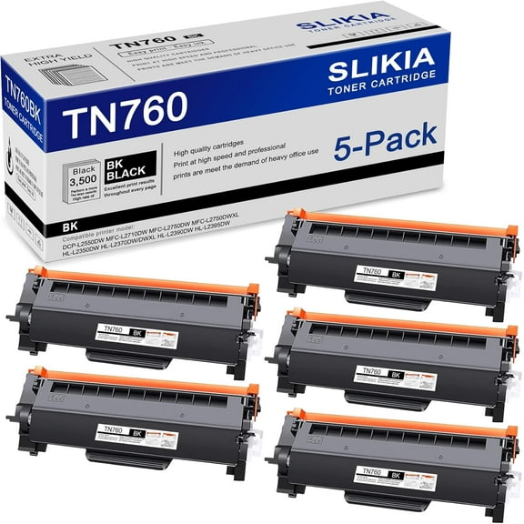 5-Pack Black TN760 Toner Cartridge: Compatible TN760 TN-760 Replacement for Brother DCP-L2550DW MFC-L2710DW MFC-L2750DW MFC-L2750DWXL HL-L2350DW HL-L2370DW/DWXL HL-L2390DW HL-L2395DW Printer