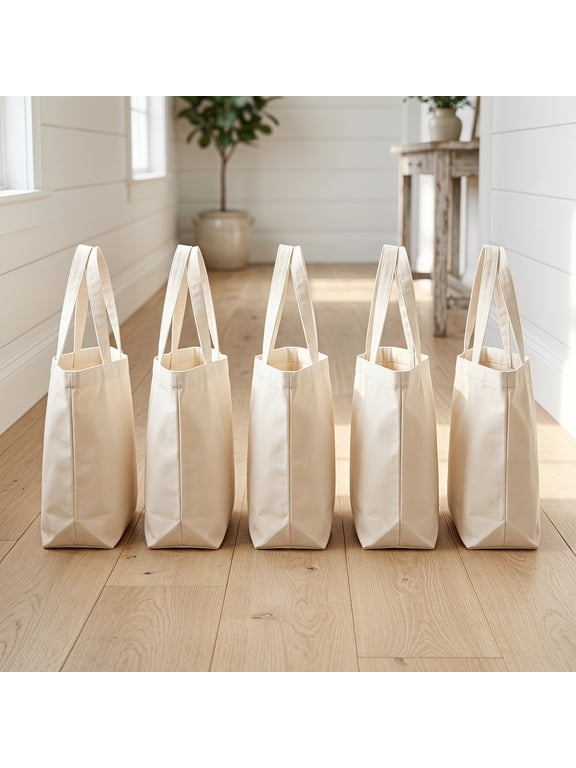 5 Pack Blank Canvas Tote Bag, Reusable Plain Open Top Cotton Shopping Handbag for DIY Craft, Grocery, Daily Travel & Custom Printing