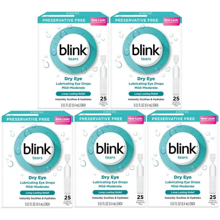 5 Pack - Blink Tears Dry Eye Lubricating Eye Drops Mild-Moderate 0.01 fl oz 25 Sterile Single-Use Vials