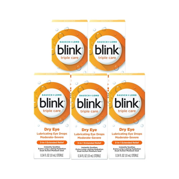 5 Pack - Blink Triple Care Lubricating Eye Drops Long-Lasting Hydration for Moderate to Severe Dry Eyes, Moisturizes & Soothes with Hyaluronate, 0.34 Fl Oz