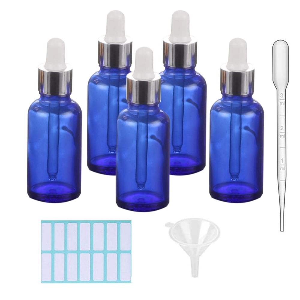 5 Pack Blue Glass Dropper Bottle with 1 Funnels & 1 Dropper & 14pcs ...