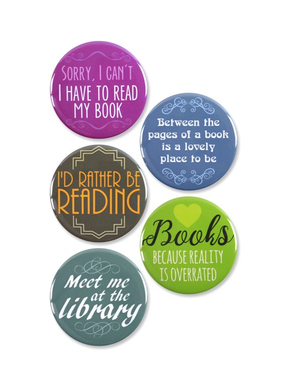 5 Pack - Book Lovers Pinback Button Badges - 2.25 Inch