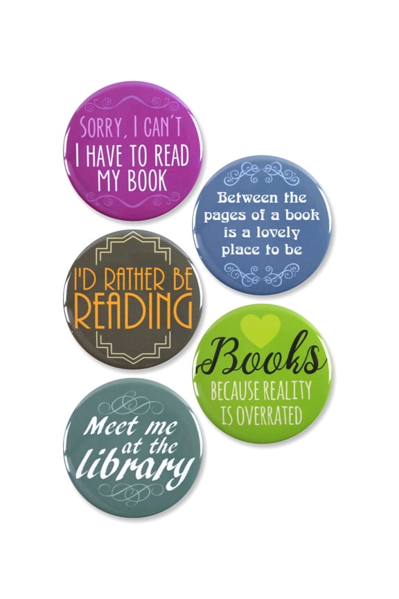 5 Pack - Book Lovers Pinback Button Badges - 2.25 Inch