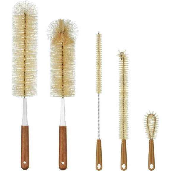 5-Pack Bottle Brush Cleaner - Extra Long Bamboo Handle Water Bottle Straw Cleaning Brush for Washing Narrow Neck Beer Wine Decanter, Sports Bottle, Thermos, Flask