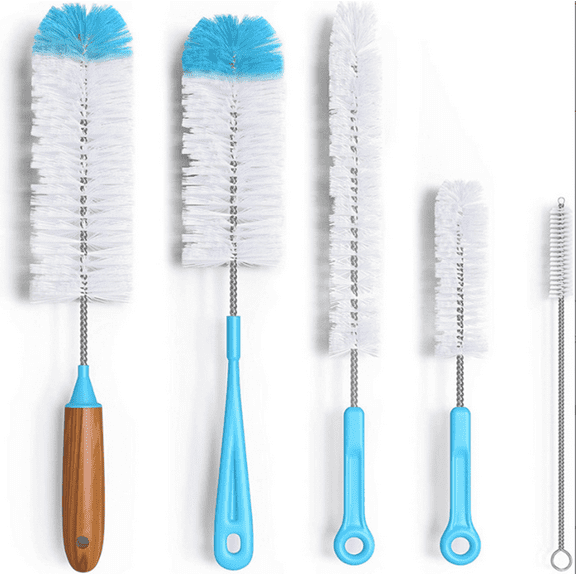 5-Pack Bottle Cleaning Brush Set - 15" Long Handle Blue Bottle Cleaner for Washing Narrow Wine/Beer Bottles/Thermos/Flask Tumbler/Sport Well/Kettle/Lid Brush, Straw Brush