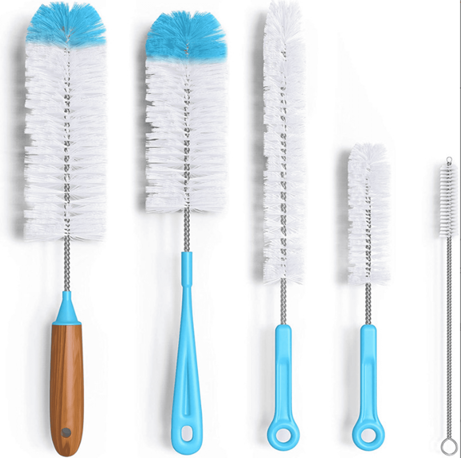 5Pack Bottle Cleaning Brush Set 15" Long Handle Blue Bottle Cleaner