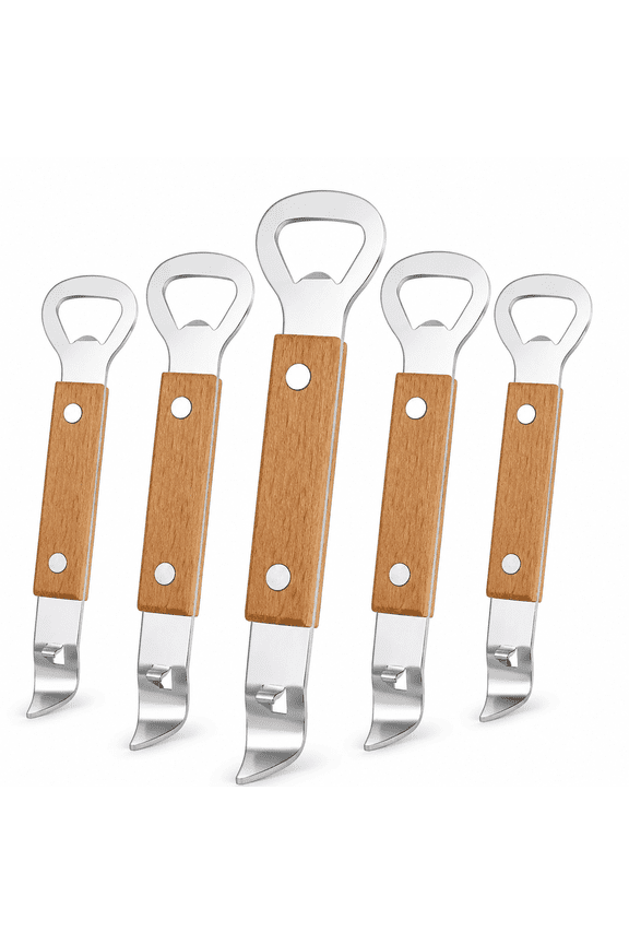 5 Pack Bottle Opener and Can Punch, Stainless Steel Church Key Can Opener with Wooden Handle for Kitchen Bar Camping RV Travel