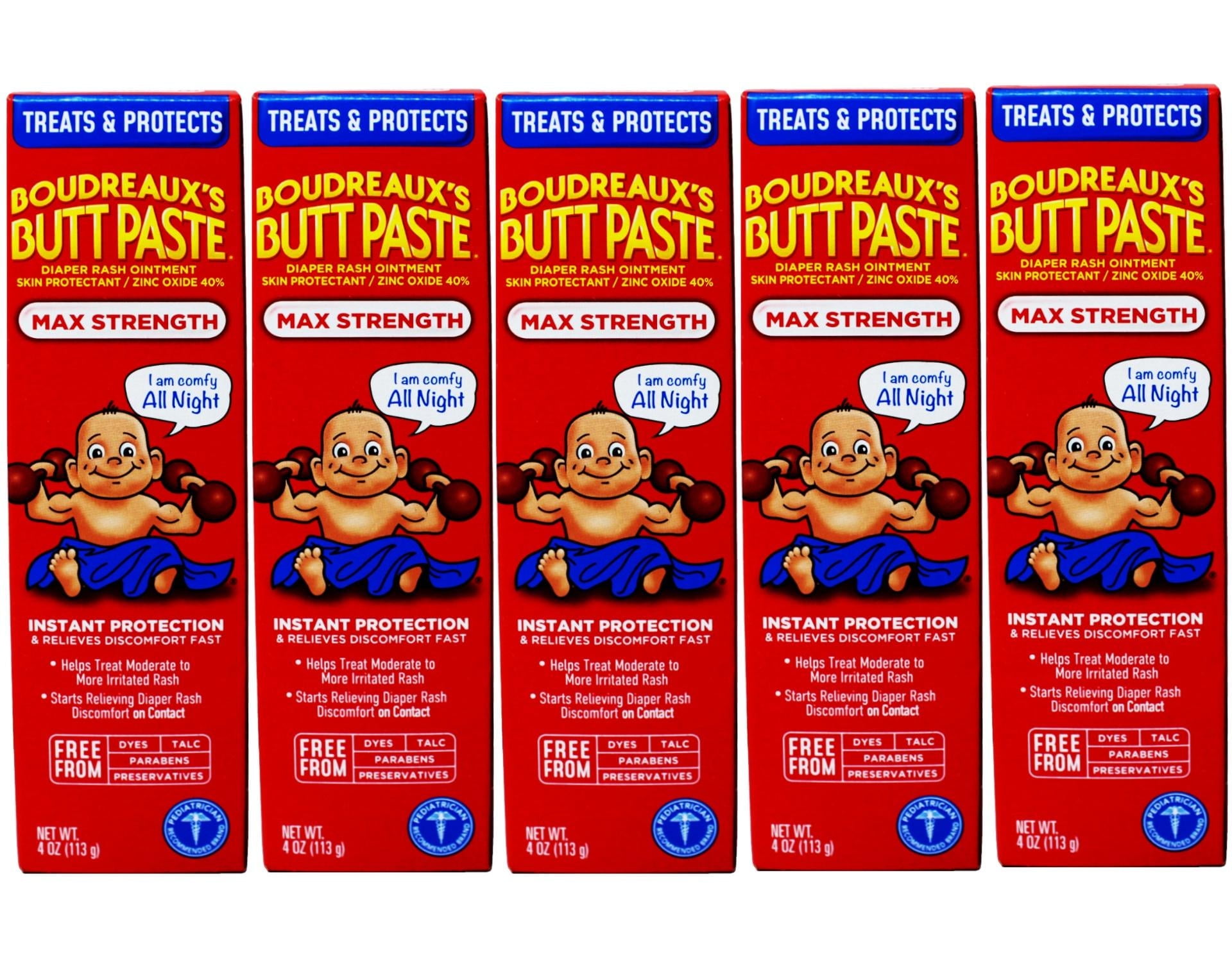 5 Pack - Boudreaux's Butt Paste Maximum Strength Diaper Rash Cream, Ointment for Baby, 4 oz Tube