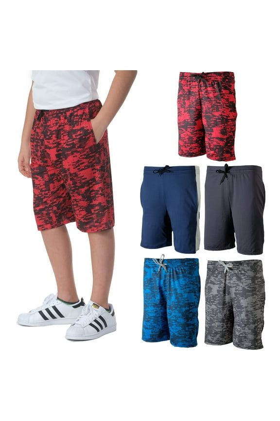 5 Pack: Boys Girls Youth Teen Printed Camo Dry-Fit Sport Active Athletic Shorts