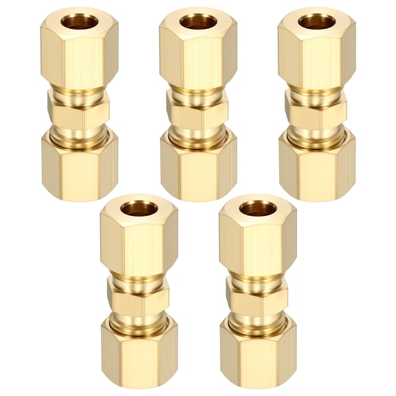 5 Pack Brass Compression Tube Pipe Fitting, 1/4" OD Compression Union Connector, Straight Coupling Adapter Pipe Fitting with Double Ferrules for Air, Water, Oil, Gas