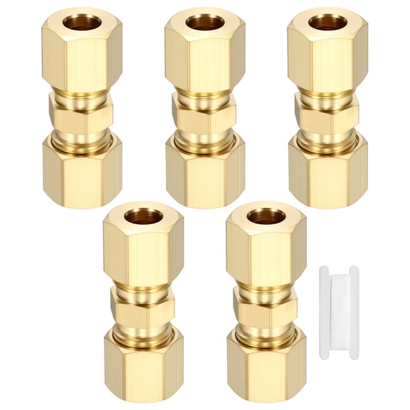 5 Pack Brass Compression Tube Pipe Fitting, 1/4" OD Compression Union Connector, Straight Coupling Adapter Pipe Fitting with Double Ferrules Tape for Air, Water, Oil, Gas