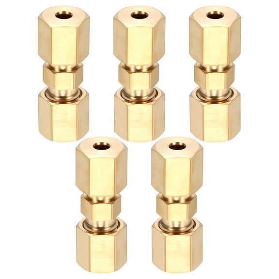 5 Pack Brass Compression Tube Pipe Fitting, 1/8" OD Compression Union Connector, Straight Coupling Adapter Pipe Fitting with Double Ferrules for Air, Water, Oil, Gas