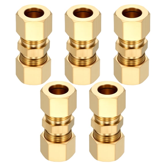 5 Pack Brass Compression Tube Pipe Fitting, 3/8" OD Compression Union Connector, Straight Coupling Adapter Pipe Fitting with Double Ferrules for Air, Water, Oil, Gas