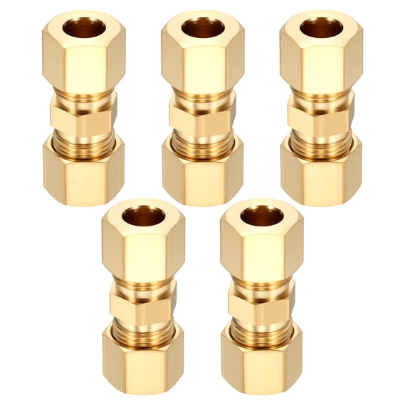 5 Pack Brass Compression Tube Pipe Fitting, 5/16" OD Compression Union Connector, Straight Coupling Adapter Pipe Fitting with Double Ferrules for Air, Water, Oil, Gas