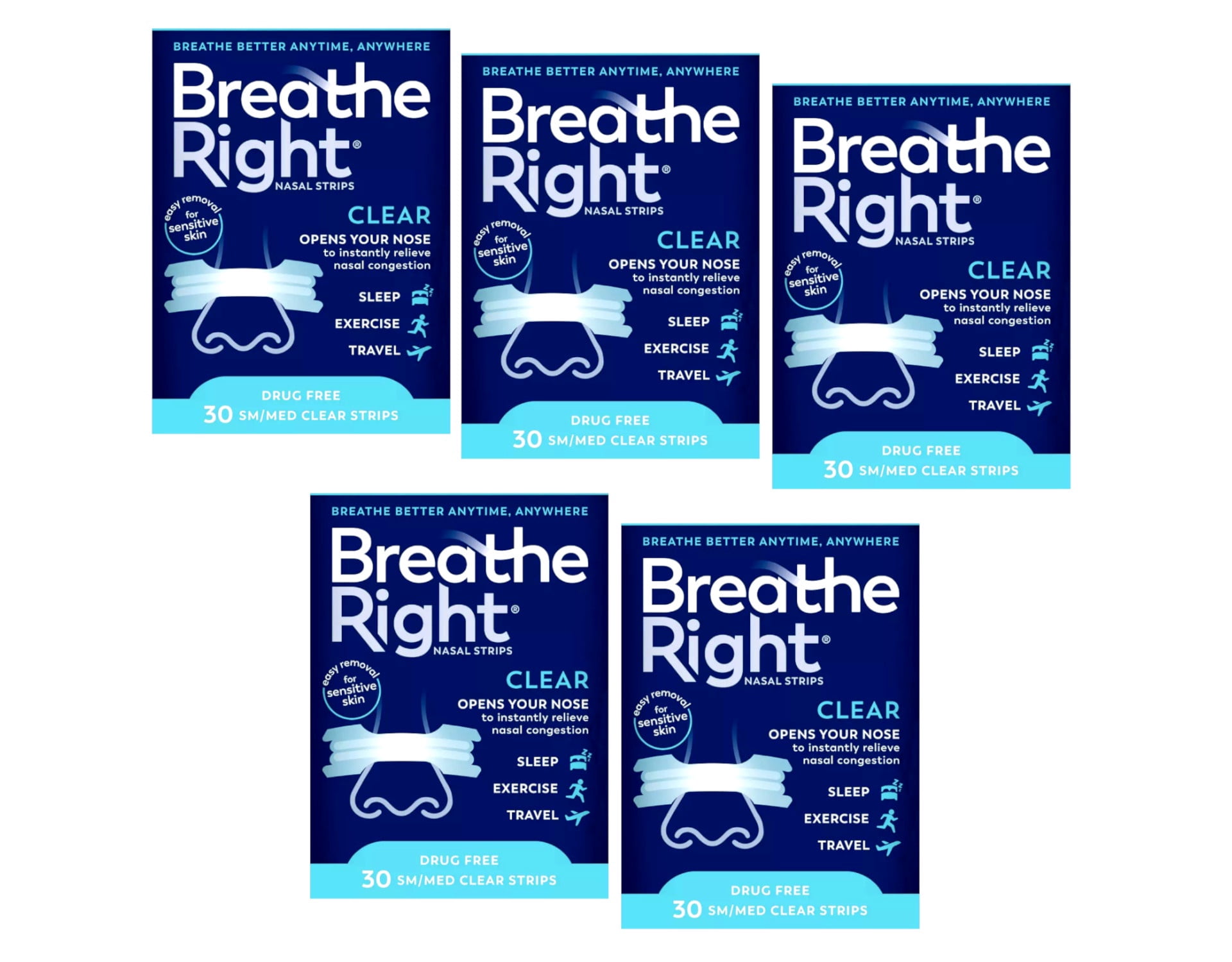 5 Pack - Breathe Right Nasal Strips, Small/Medium, Clear, 30 Each