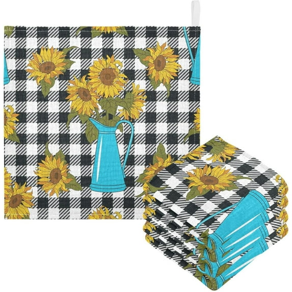 5 Pack Bright Sunflowers Vintage Baby Muslin Washcloths, Vintage Check Rustic Soft Absorbent Face Towel Burp Cloths Cotton Bath Wipes Infant Wash Cloth for Newborn Boys Girls