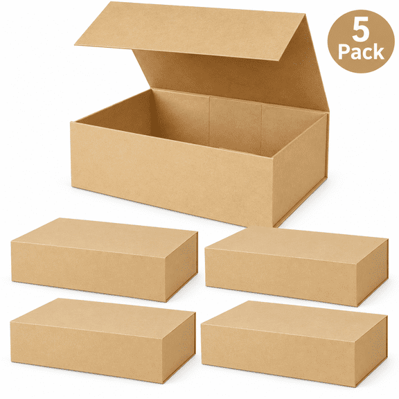 5 Pack Brown Magnetic Gift Boxes with Lids, 13.8 x 9 x 4.3 Inch Large Collapsible Rectangle Boxes for Wedding, Christmas and Birthday