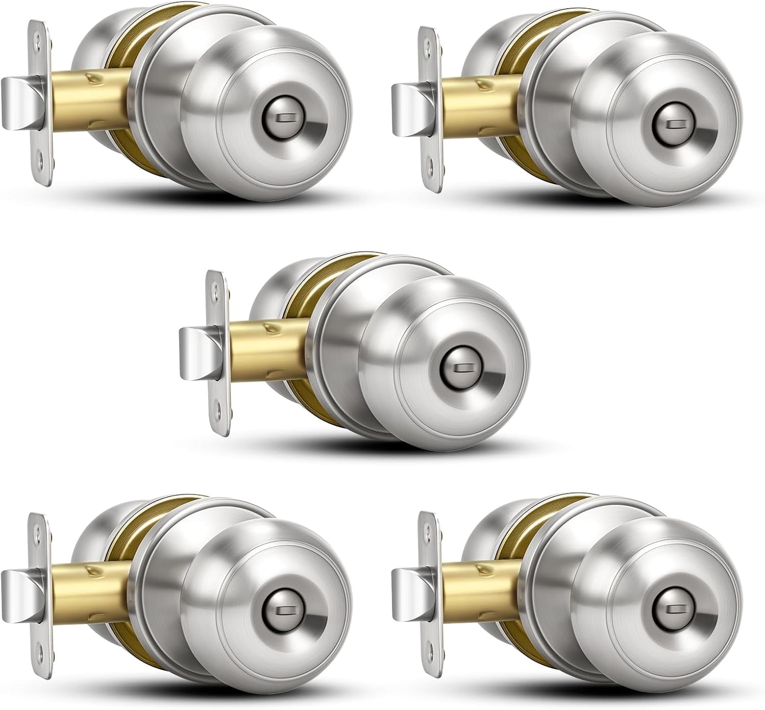 5 Pack Brushed Nickel Door Knobs,Privacy Door Knob with Lock, Interior Doorknobs Silver, Keyless Door Locks Set for Bedrooms Bathrooms, Reversible for Left/Right Door Handle