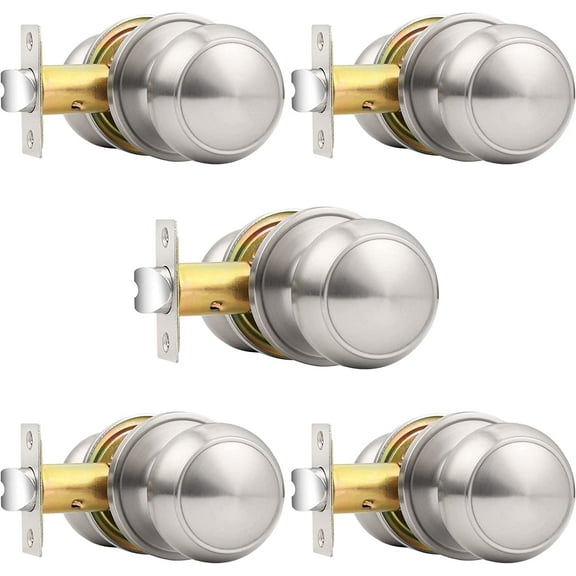 5-Pack Brushed Nickel Passage Door Knobs - Round, Keyless | For Hall/Closet | Hardware Set | Easy Install | Ideal for DIYers