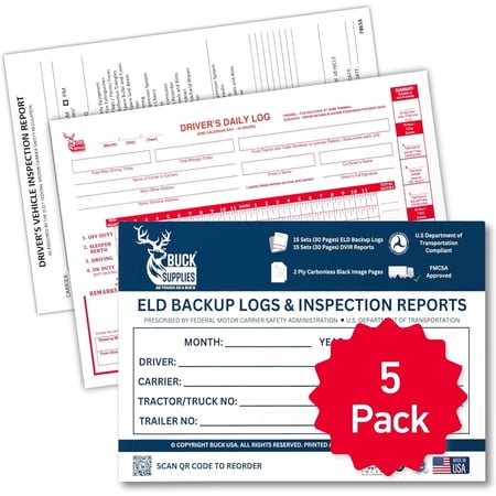 5 Pack Buck ELD Backup Driver Log Book with Detailed Driver Vehicle Inspection Report & Daily Recap - 2-Ply Carbonless, 5.5" x 8.5", 15 Sets of Forms Per Book, FMCSA Compliant with Easy Tear-Out