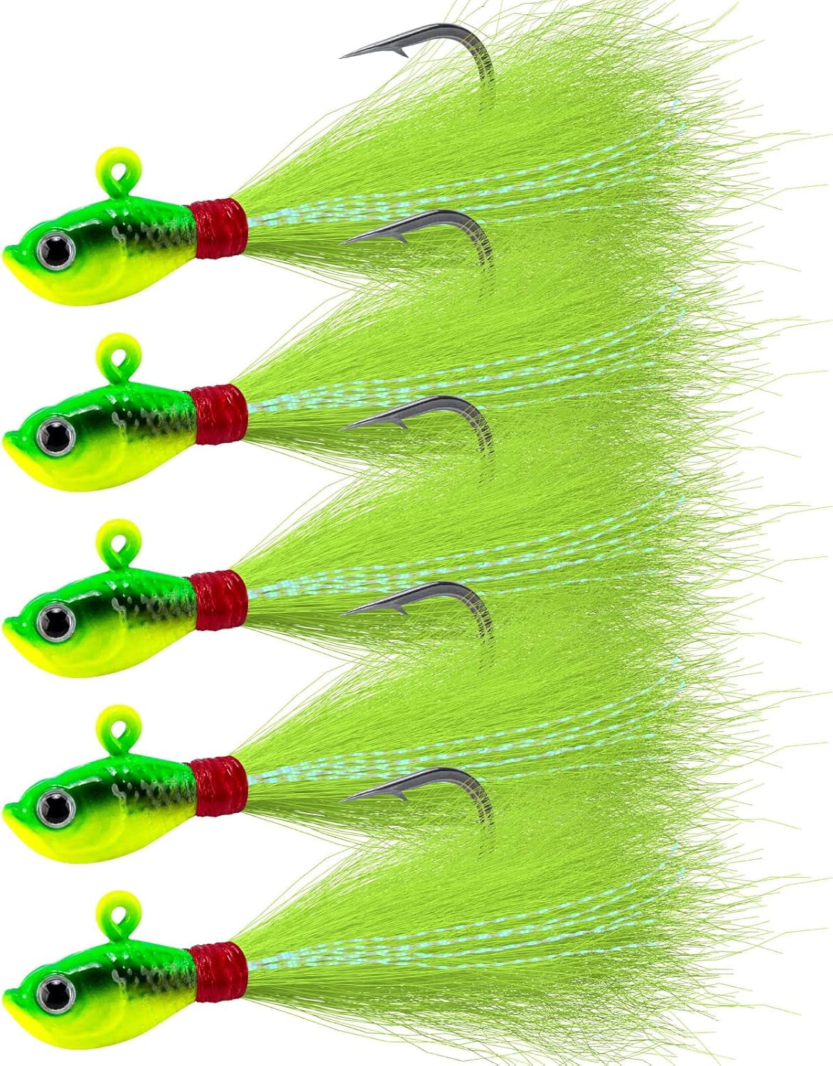 5-Pack Bucktail Jigs Hair Jigs Saltwater Freshwater Fishing Bucktail Lures Surf Fishing Jig Heads White Luminous Chartreuse Swimbait Jig for Bass Flounder Striper Bluefish Halibut Redfish