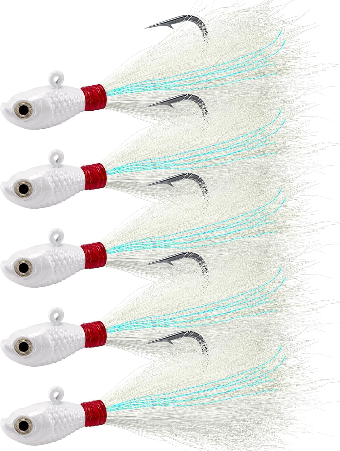 5-Pack Bucktail Jigs Hair Jigs Saltwater Freshwater Fishing Bucktail Lures Surf Fishing Jig Heads White Luminous Chartreuse Swimbait Jig for Bass Flounder Striper Bluefish Halibut Redfish