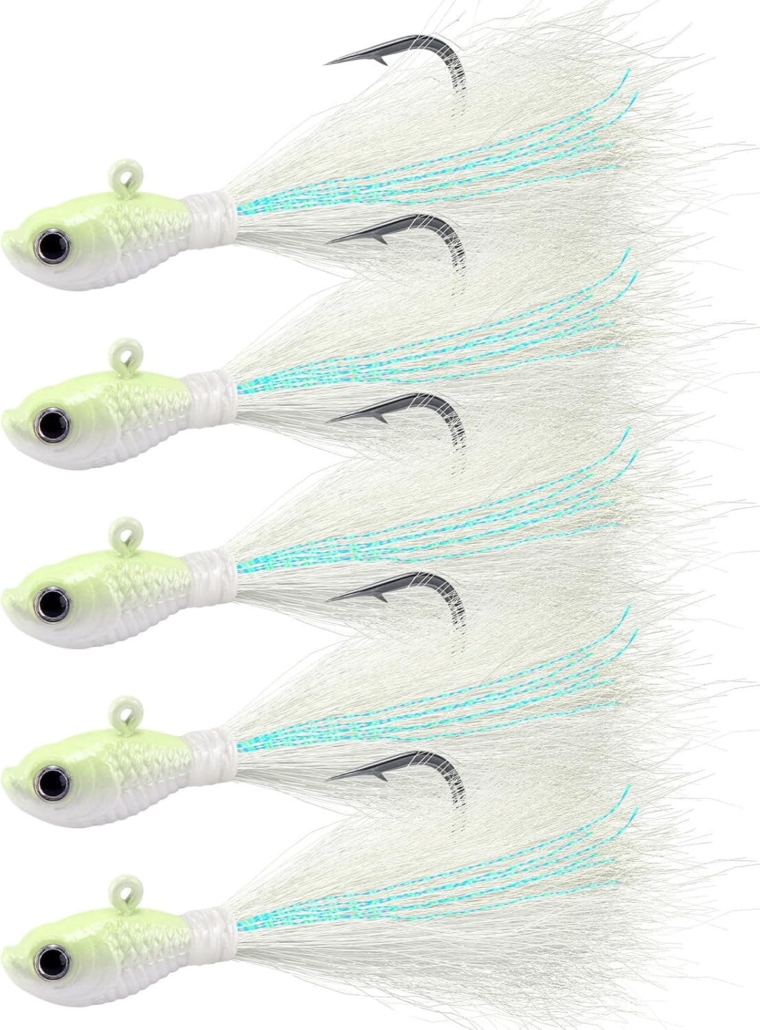 5-Pack Bucktail Jigs Hair Jigs Saltwater Freshwater Fishing Bucktail Lures Surf Fishing Jig Heads White Luminous Chartreuse Swimbait Jig for Bass Flounder Striper Bluefish Halibut Redfish