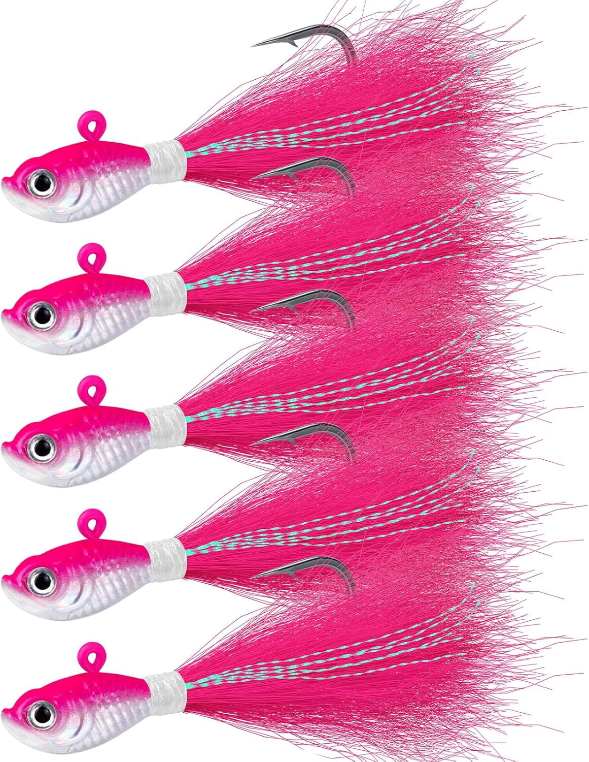 5-Pack Bucktail Jigs Hair Jigs Saltwater Freshwater Fishing Bucktail Lures Surf Fishing Jig Heads White Luminous Chartreuse Swimbait Jig for Bass Flounder Striper Bluefish Halibut Redfish