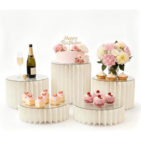 5 Pack Buffet Risers and Stands, Foldable Food Display Risers for Party - Reusable Acrylic & Cardboard Dessert Stands, Cake Risers for Wedding, Baby Shower Buffet Display