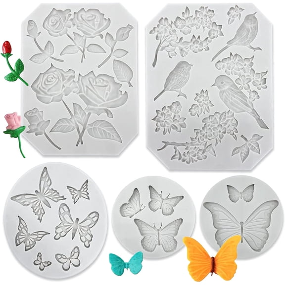 5 Pack Butterfly Rose Silicone Mold for Crafts - Multi-Use Fondant Molds, Polymer Clay Molds for Cake Decorating, Soap & Chocolate Making and Cake Decoration
