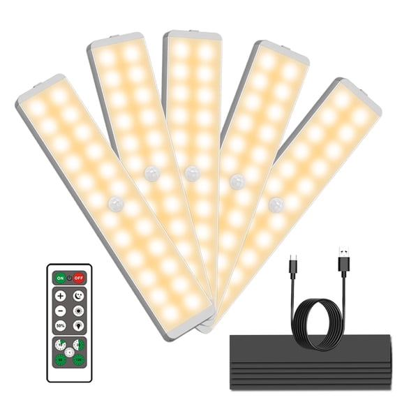 5 Pack Under Cabinet Light, 24-LED Dimmer Rechargeable Motion Sensor LED Closet Light Wireless Stick-Anywhere Night Safe Light Bar for Stairs, Wardrobe,KitchenWarm White
