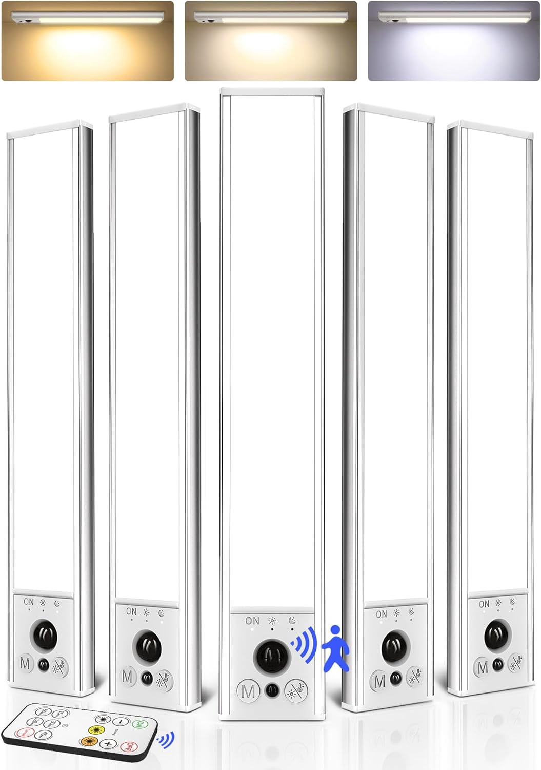 5-Pack Under Cabinet Lighting, 2400mAh Rechargeable Motion Sensor Light, 10inch Magnetic Closet Lights with Dimmable & 3 Color Temps, Wireless Motion Activated Lights with Remote for Kitchen