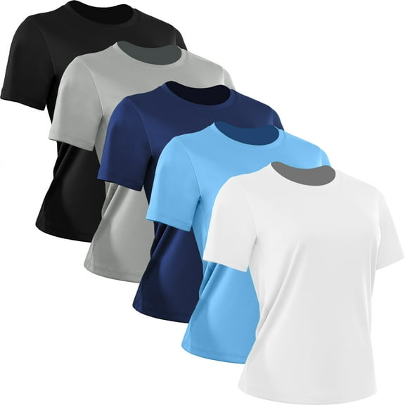 [5 Pack] Cadmus Women's Dry-Fit Wicking Short Sleeve T Shirts Sun Protection Activewear Running Yoga Workout Gym Tee Top,Blue/Gray/Black/Navy/White,2XL