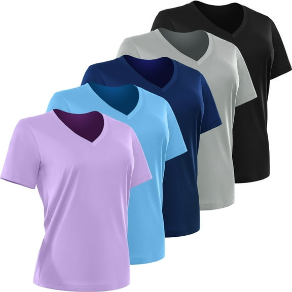 [5 Pack] Cadmus Women's Dry-Fit Wicking Short Sleeve T Shirts Sun Protection Activewear Running Yoga Workout Gym Tee Top,Blue/Gray/Black/Navy/Purple,XL