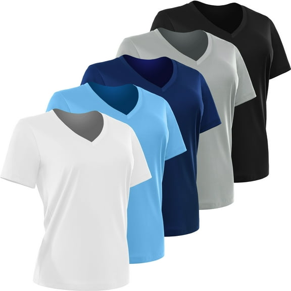 [5 Pack] Cadmus Women's Dry-Fit Wicking Short Sleeve T Shirts Sun Protection Activewear Running Yoga Workout Gym Tee Top,Blue/Gray/Black/Navy/White,M
