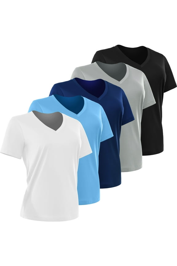 [5 Pack] Cadmus Women's Dry-Fit Wicking Short Sleeve T Shirts Sun Protection Activewear Running Yoga Workout Gym Tee Top,Blue/Gray/Black/Navy/White,M