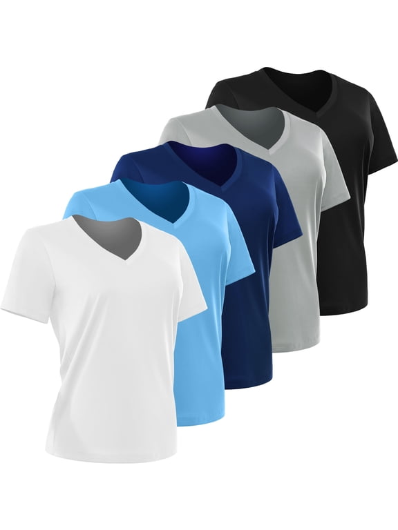 [5 Pack] Cadmus Women's Dry-Fit Wicking Short Sleeve T Shirts Sun Protection Activewear Running Yoga Workout Gym Tee Top,Blue/Gray/Black/Navy/White,XL