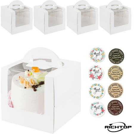 5 Pack Cake Boxes with Handle, 8 x 8 x 6 Inch Bakery Boxes with Clear Window, Boards, Stickers, Cake Container for Donut, Pie, Cookies, Wedding, Birthday Party