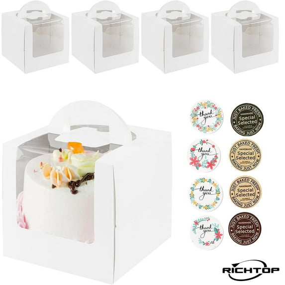 RICHTOP 5 pack White cake boxes with handle, boards, stickers, 8 in x 8 in x 6 in bakery boxes with clear window