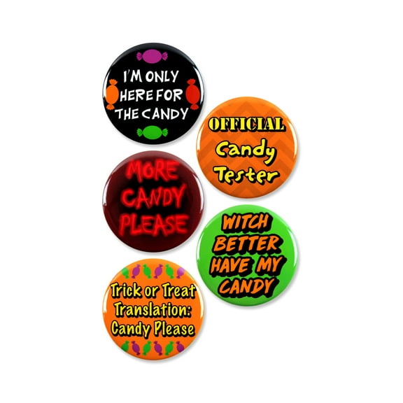 5 Pack - Candy Monster Halloween Pinback Buttons - 2.25 Inch