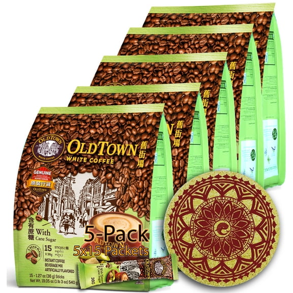 (5-Pack Cane Sugar) OLD TOWN (3 in 1) Cane Sugar White Coffee Asian Instant Coffee Coffee Lover Package with a Eco Friendly Cork Coaster Coffee Lover OLDTOWNZ Package,oldtown White Coffee 75 Packets