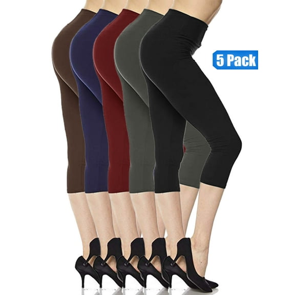 5 Pack Capri Leggings For Women 3 inch Wide Waistband Yoga Sports and Casual Ultra Soft Capri Legging Pants (2XL/3XL)