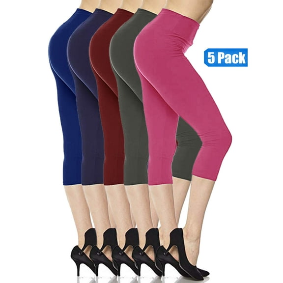 5 Pack Capri Leggings For Women 3 inch Wide Waistband Yoga Sports and Casual Ultra Soft Capri Legging Pants (XL/2XL)