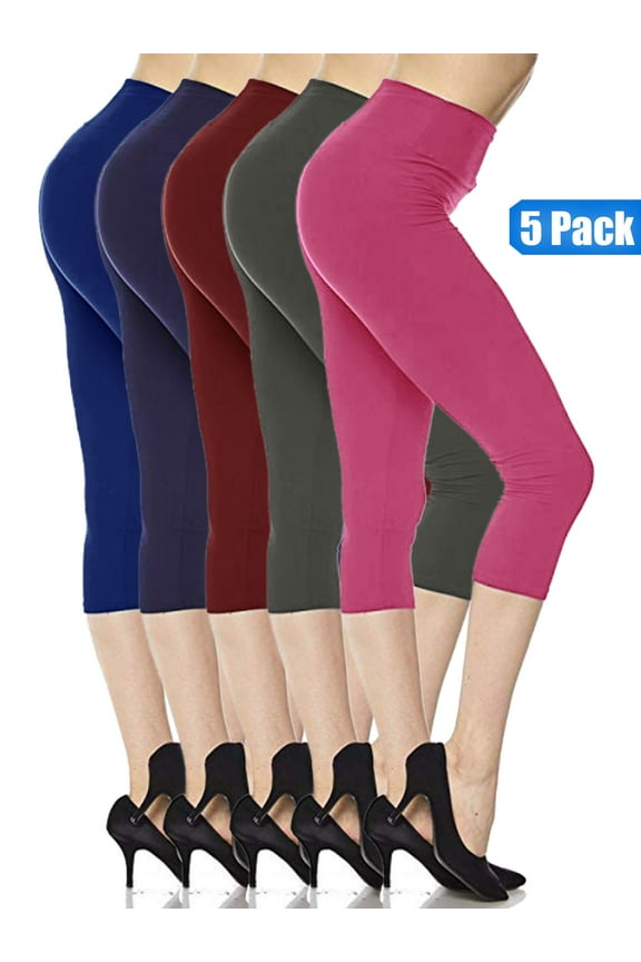 5 Pack Capri Leggings For Women 3 inch Wide Waistband Yoga Sports and Casual Ultra Soft Capri Legging Pants (XL/2XL)