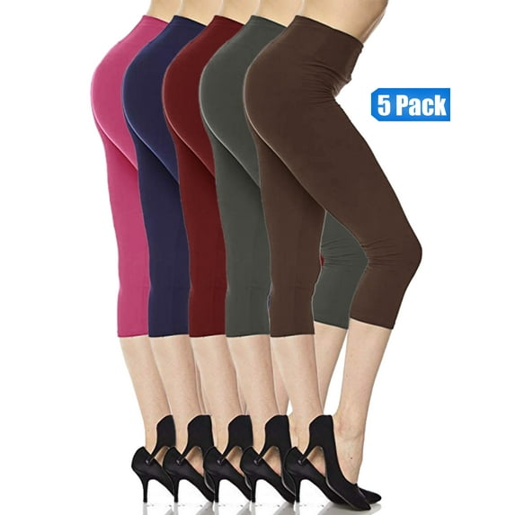 5 Pack Capri Leggings For Women 3 inch Wide Waistband Yoga Sports and Casual Ultra Soft Capri Legging Pants (XL/2XL)