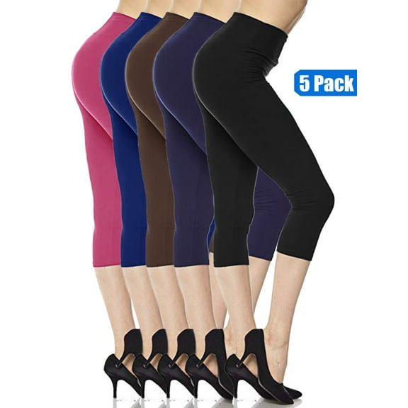 5 Pack Capri Leggings For Women 3 inch Wide Waistband Yoga Sports and Casual Ultra Soft Capri Legging Pants (S/M/L)