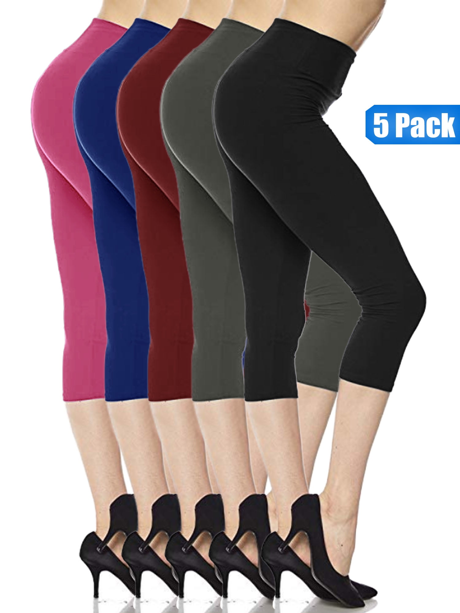 5 Pack Capri Leggings For Women 3 inch Wide Waistband Yoga Sports and Casual Ultra Soft Capri Legging Pants (XL/2XL)