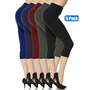 KUDA MODA 5 Pack Capri Leggings For Women 3 inch Wide Waistband Yoga Sports and Casual Ultra Soft Capri Legging Pants (S/M/L)