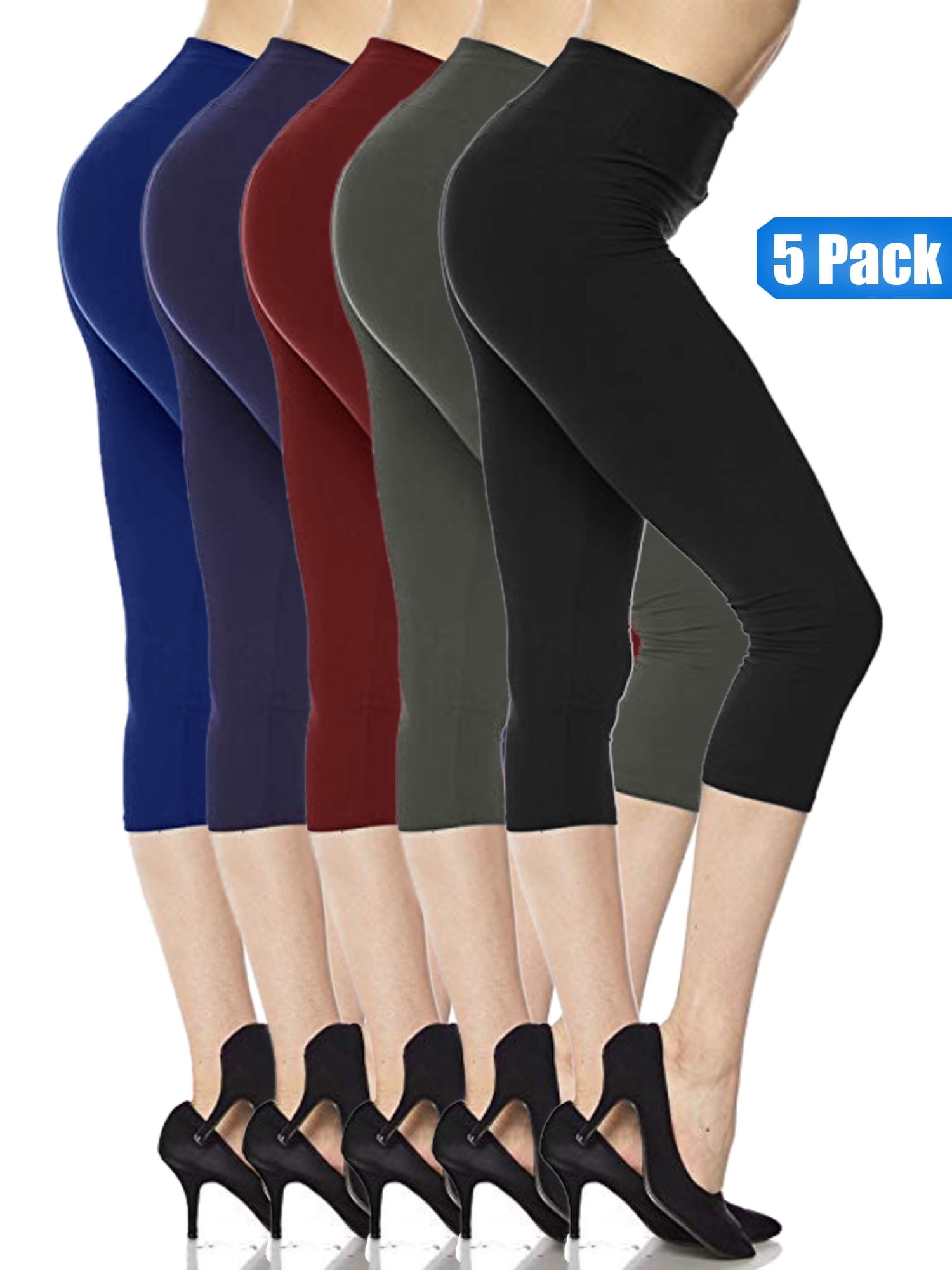 5 Pack Capri Leggings For Women 3 inch Wide Waistband Yoga Sports and Casual Ultra Soft Capri Legging Pants (XL/2XL)
